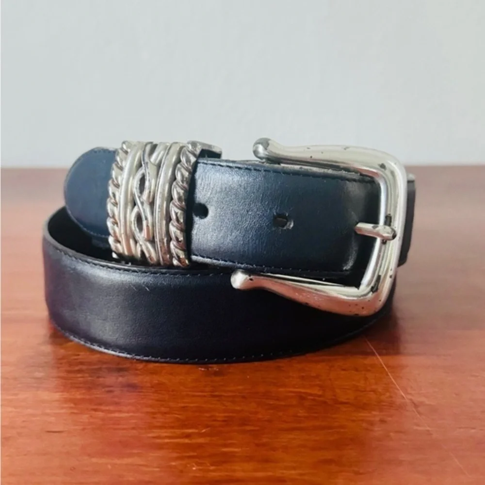 90’s Vintage Brighton chunky silver and navy blue leather belt